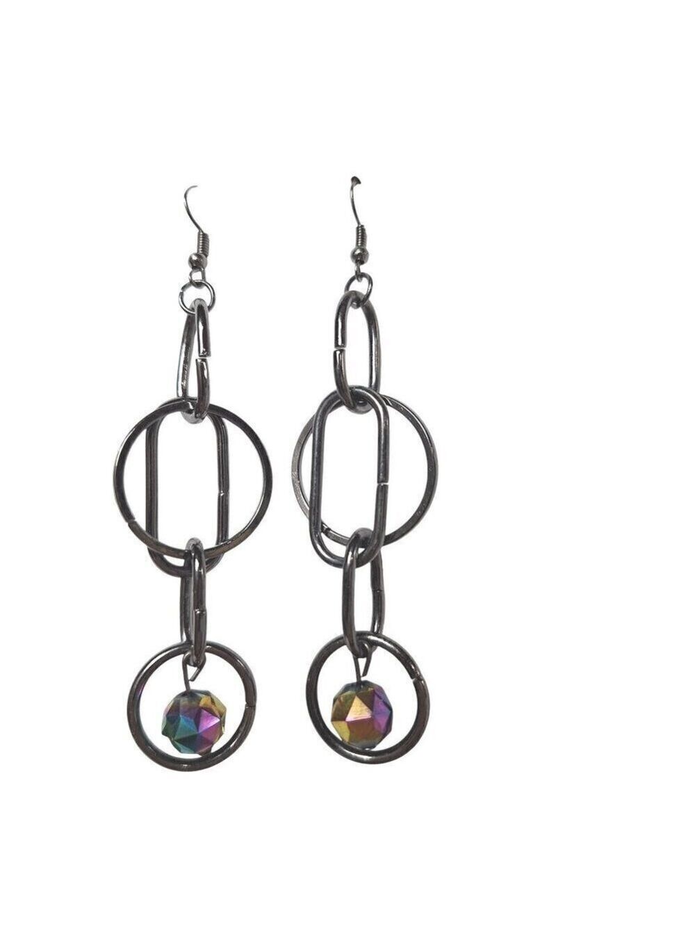 Silver Tone Chain Link Drop Earrings Iridescent Beads